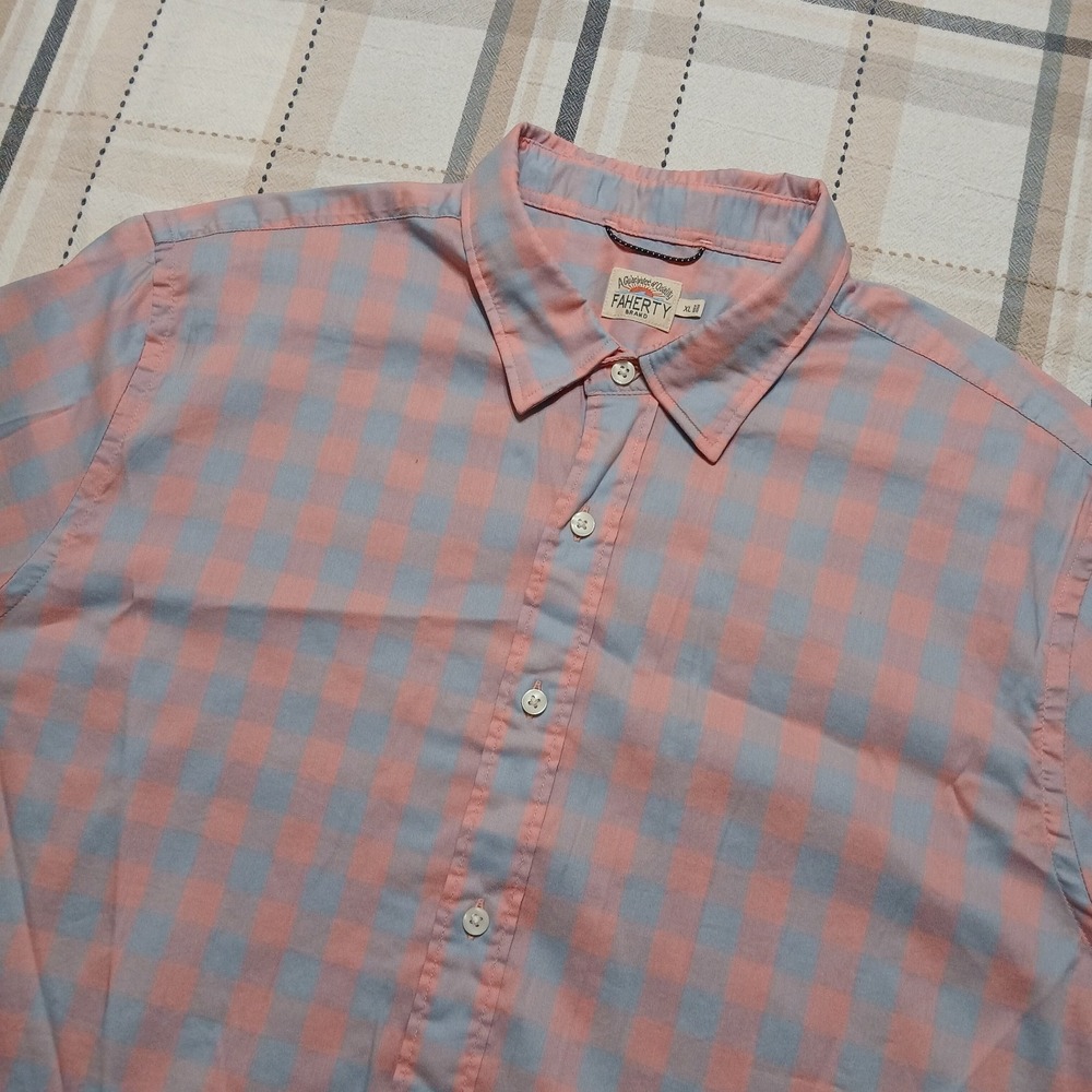 Faherty‎ Men's XL Pink Blue Plaid Check Short Sleeve Performance Button Shirt